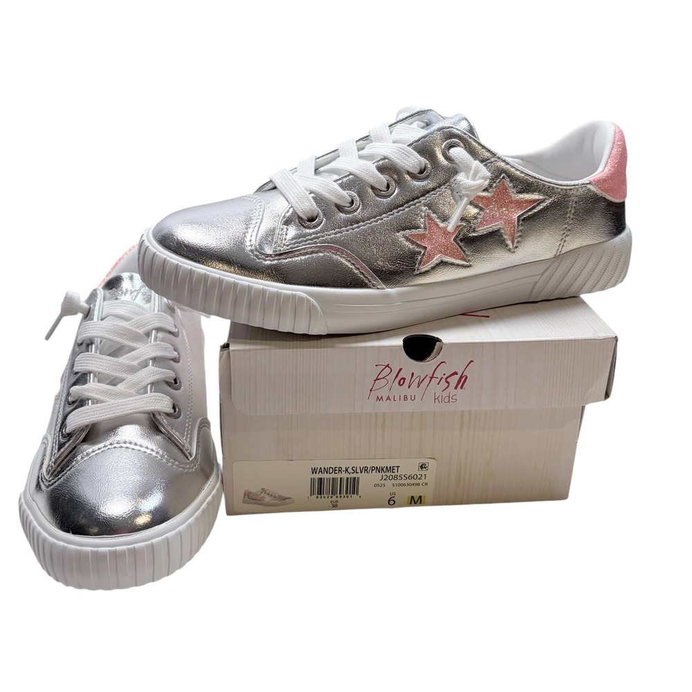 Blowfish Malibu Wander-K Sneakers Size 6 Silver‎ Pink Metallic Glitter Stars